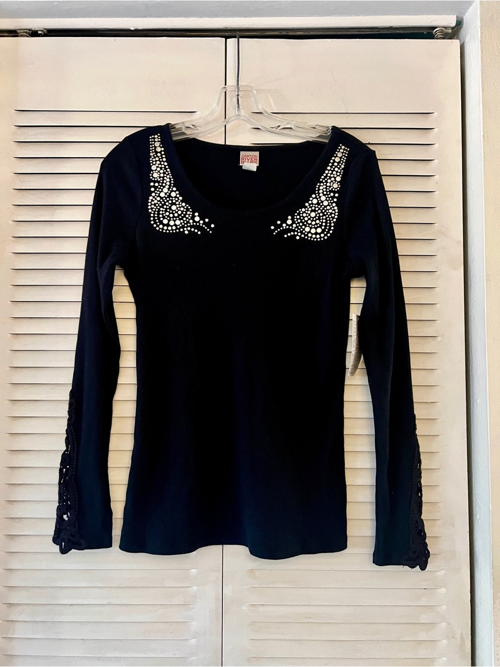 Canyon River Blues Black Long-Sleeve Top with Gold Rhinestone Neckline